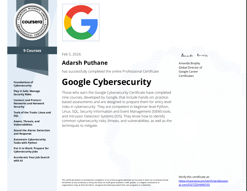 Google Cybersecurity Professional Certification